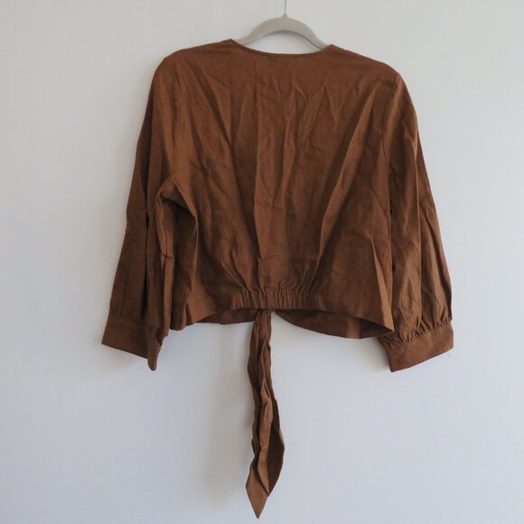 JOIE Linen Blend Cropped Button Tie Front Blouse Top in Brown Boho Cottage Sz M - Picture 9 of 14
